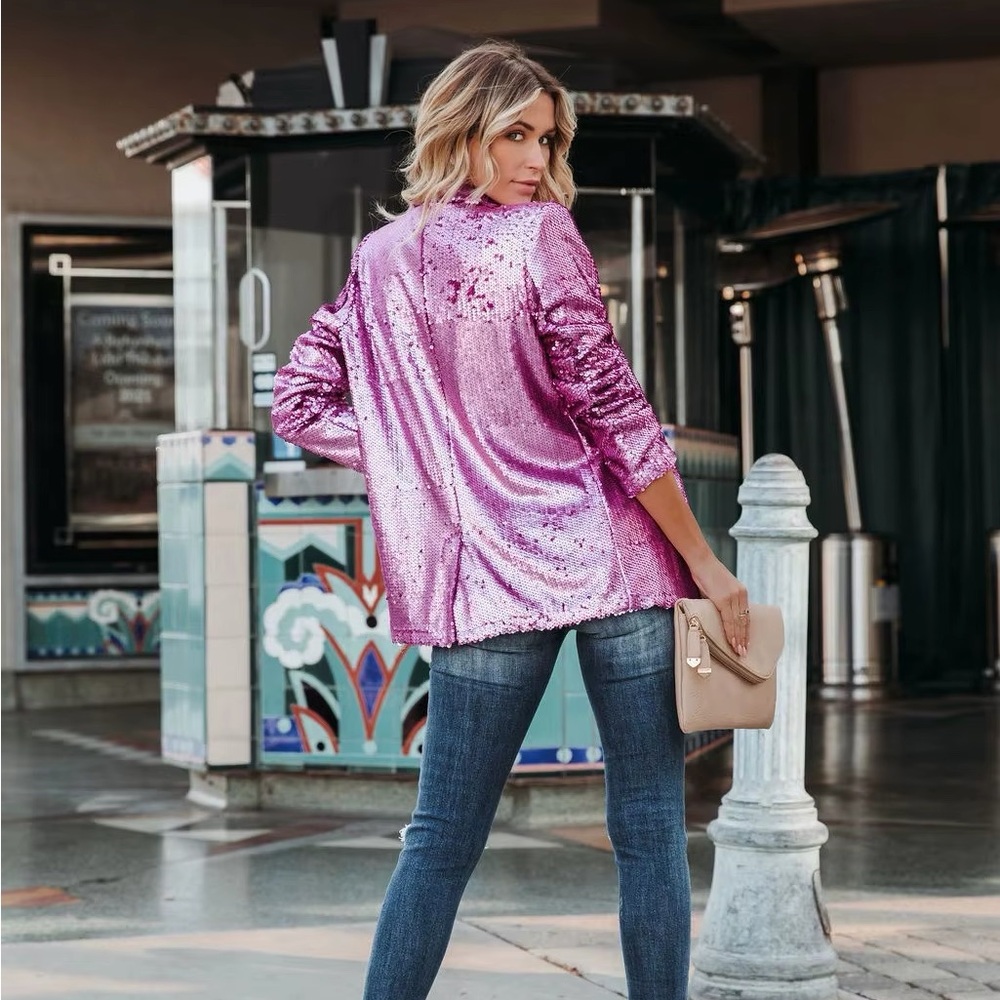 ❤️ NWT TCEC Showstopper Pink Sequin blazer Jacket size medium Valentine’s - Picture 3 of 11